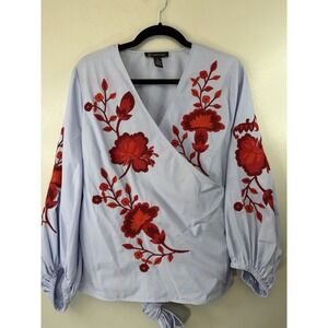 INC Blue/white Pinstripe Wrap Blouse W Red Embroidered Flowers Size M